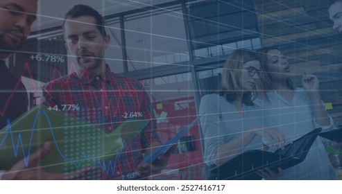 Image of financial data processing over diverse business people. global business, finances and digital interface concept digitally generated image.