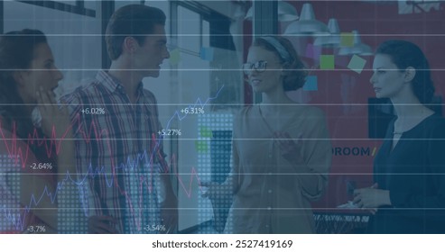 Image of financial data processing over diverse business people. global business, finances and digital interface concept digitally generated image.