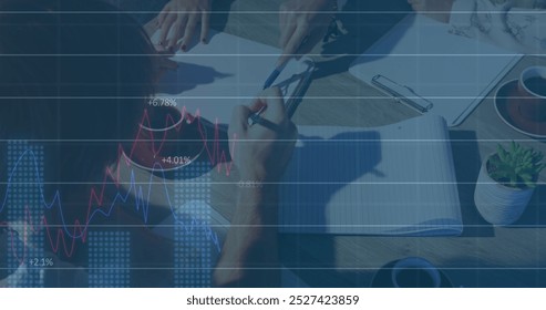 Image of financial data processing over diverse business people. global business, finances and digital interface concept digitally generated image.