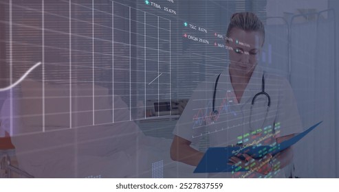 Image of financial data processing over female caucasian doctor. Global medicine, technology, data processing and digital interface concept digitally generated image.