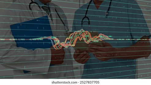 Image of financial data processing over two caucasian doctors. Global medicine, technology, data processing and digital interface concept digitally generated image.