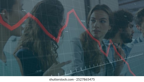 Image of financial data processing over diverse business people in office. Global finance, business, connections, computing and data processing concept digitally generated image.