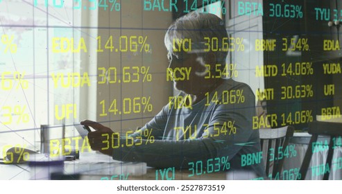 Image of financial data processing over senior caucasian woman using smartphone. Global lifestyle, finances and digital interface concept digitally generated image.