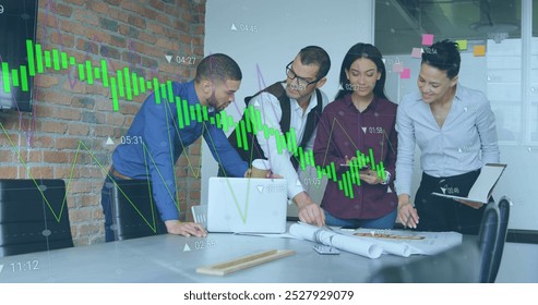 Image of financial data processing over diverse business people. Global business, finances and digital interface concept digitally generated image.