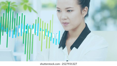 Image of financial data processing over asian businesswoman. Global business, finances and digital interface concept digitally generated image.