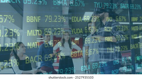 Image of financial data processing over business people. Global business, finance, data processing and computing concept digitally generated image.