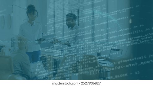 Image of financial data processing over diverse business people working at office. Global business, finances and digital interface concept digitally generated image. - Powered by Shutterstock - Get 15% off with code: PIKWIZARD15