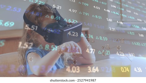 Image of financial data processing over caucasian girl using vr headset. Global technology, finances and digital interface concept digitally generated image.