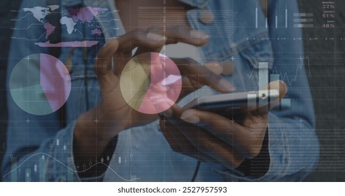 Image of financial data processing over biracial networks. Global business connections digital interface and technology concept digitally generated image.