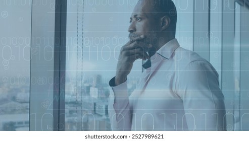 Image of financial data processing over african american businessman thinking. global business, finances and digital interface concept digitally generated image.