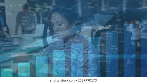 Image of financial data processing over asian businesswoman using computer. global business, finances and digital interface concept digitally generated image.