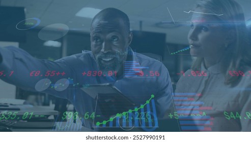 Image of financial data processing over diverse business people talking. global business, finances and digital interface concept digitally generated image.