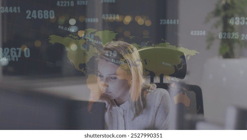 Image of financial data processing over caucasian businesswoman using computer. global business, finances and digital interface concept digitally generated image. - Powered by Shutterstock