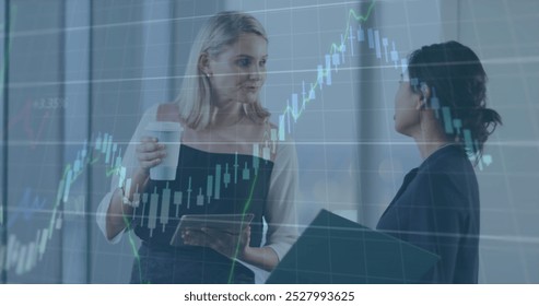Image of financial data processing over diverse business people talking. global business, finances and digital interface concept digitally generated image.