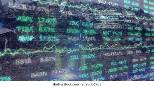 Image of financial data processing over junkyard. Global science, connections, data processing and digital interface concept digitally generated image.