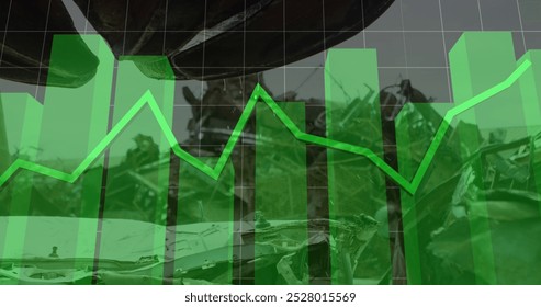 Image of financial data processing over junkyard. Global business, finances, data processing and digital interface concept digitally generated image.