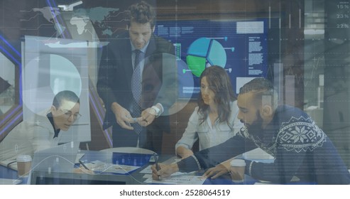 Image of financial data processing over business people in office. Global business, finance, computing, connections and data processing concept digitally generated image.