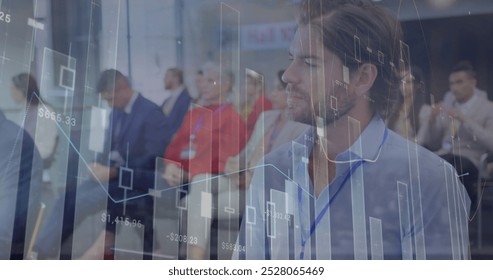 Image of financial data processing over business people in office. Global business, finance, computing, connections and data processing concept digitally generated image.