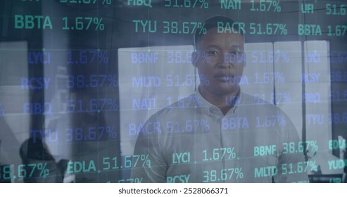 Image of financial data processing over business people in office. Global business, finance, computing, connections and data processing concept digitally generated image.