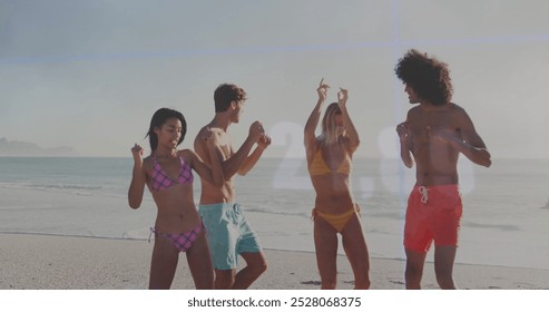 Image of financial data processing over friends on beach. Global holiday, business, finance, computing, connections and data processing concept digitally generated image.