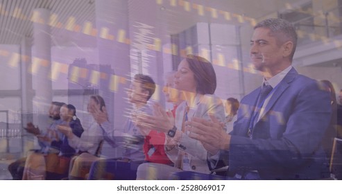 Image of financial data processing over business people in office. Global business, finance, computing, connections and data processing concept digitally generated image.