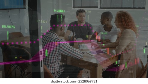 Image of financial data processing over business people in office. Global business, finance, computing, connections and data processing concept digitally generated image.