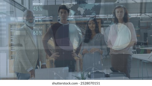 Image of financial data processing over business people in office. Global business, finance, computing, connections and data processing concept digitally generated image.