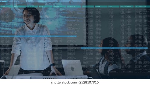 Image of financial data processing over diverse business people in office. Global finance, business, connections, computing and data processing concept digitally generated image.