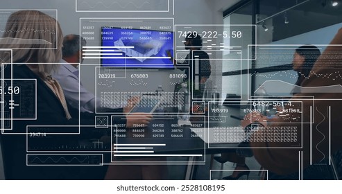 Image of financial data processing over diverse business people in office. Global finance, business, connections, computing and data processing concept digitally generated image.