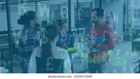 Image of financial data processing over diverse colleagues having meeting in office. Business, finances, teamwork and digital interface concept digitally generated image.