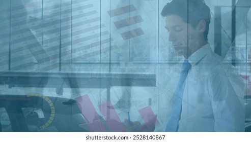 Image of financial data processing over businessmen. Global connections, data processing and digital interface concept digitally generated image.