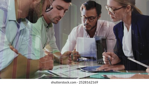 Image of financial data processing over group of business people. Global business and data processing concept digitally generated image.