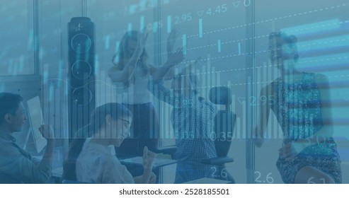 Image of financial data processing over business people high fiving in office. Global computing, finance, business and data processing concept digitally generated image. - Powered by Shutterstock