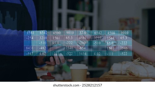 Image of financial data processing over card payment and terminal. Global finance, online payment network and data processing concept digitally generated image.
