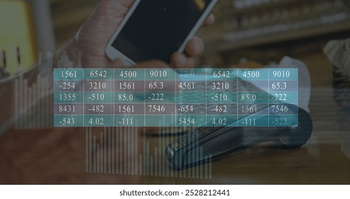 Image of financial data processing over card payment and terminal. Global finance, online payment network and data processing concept digitally generated image.