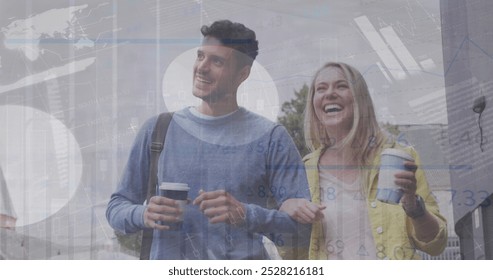 Image of financial data processing over caucasian couple walking in city. Global business, finance, computing and data processing concept digitally generated image. - Powered by Shutterstock - Get 15% off with code: PIKWIZARD15