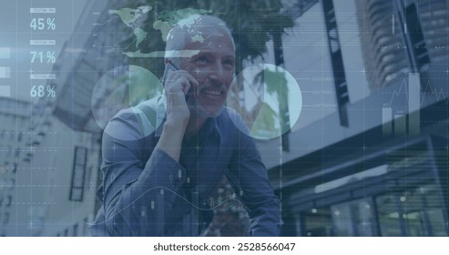 Image of financial data processing over caucasian man using smartphone. Global computing, digital interface and data processing concept digitally generated image.