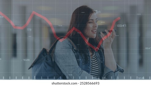 Image of financial data processing over caucasian woman using smartphone. Global computing, digital interface and data processing concept digitally generated image.