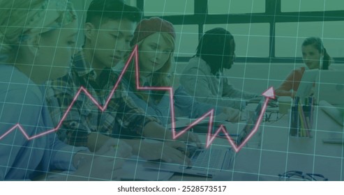 Image of financial data processing over diverse business people in office. Global finance, business, connections, computing and data processing concept digitally generated image.