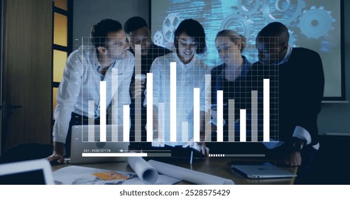 Image of financial data processing over diverse business people in office. Global finance, business, connections, computing and data processing concept digitally generated image.