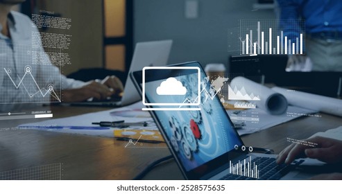Image of financial data processing over diverse business people in office. global finance, business, connections, computing and data processing concept digitally generated image.