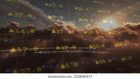 Image of financial data processing over clouds background. Global finance, business, connections, computing and data processing concept digitally generated image.