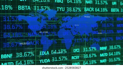 Image of financial data processing over world map on dark background. Global finance, business, connections, computing and data processing concept digitally generated image.