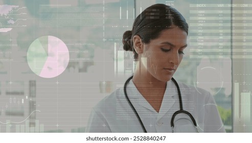 Image of financial data processing over caucasian female doctor. global medicine, business, connections, computing and data processing concept digitally generated image. - Powered by Shutterstock