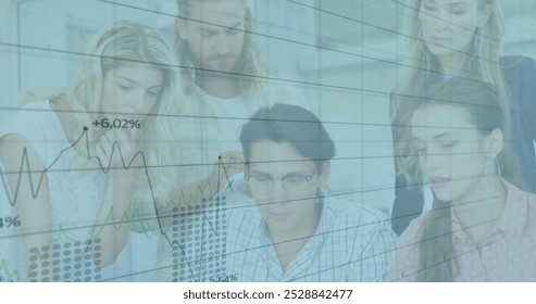 Image of financial data processing over diverse colleagues discussing work in office. Global business, finances, computing and digital interface concept digitally generated image.