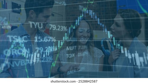 Image of financial data processing over diverse colleagues discussing work in office. Global business, finances, computing and digital interface concept digitally generated image.