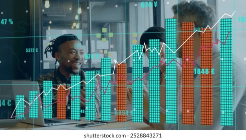 Image of financial data processing over diverse business people in office. Global finance, business, connections, computing and data processing concept digitally generated image.