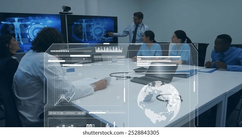 Image of financial data processing over diverse business people in office. Global finance, business, connections, computing and data processing concept digitally generated image.