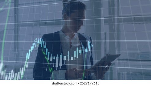 Image of financial data processing over caucasian businesswoman in office. global business, finances and data processing concept digitally generated image.