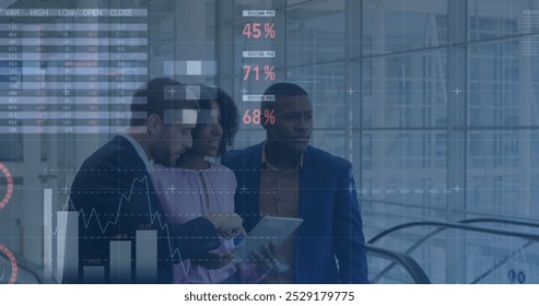 Image of financial data processing over diverse business people in office. global business, finances and data processing concept digitally generated image.